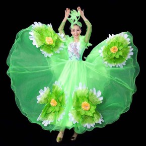 Green petals opening dance flamenco dresses for women modern singing dancing choir costumes girls pageant show performance ballroom swing skirts clothes